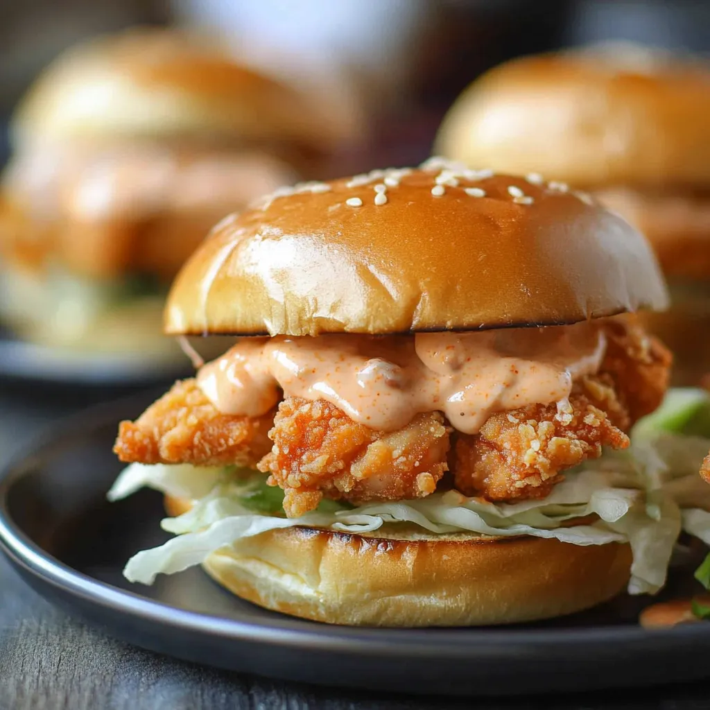 Una deliciosa torta de pollo con lechuga y salsa especial.