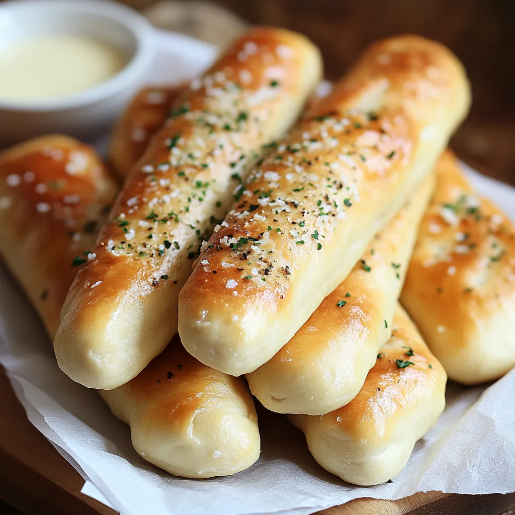 Un plato de palitos de pan con queso y hierbas encima.