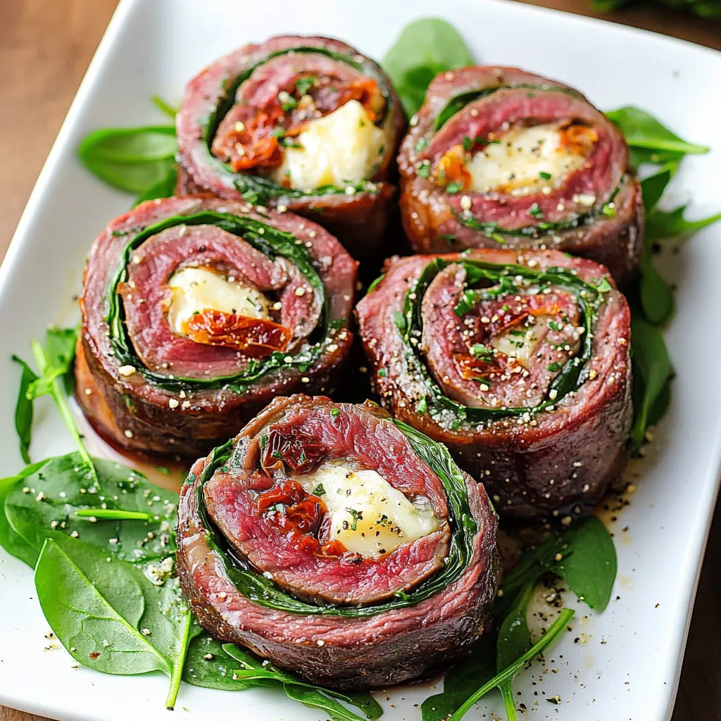 Un plato de rollitos de carne con queso y hierbas.