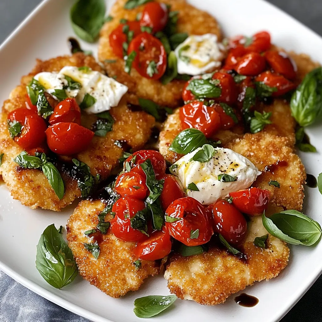 Un plato con milanesas, tomates y queso burrata por encima.