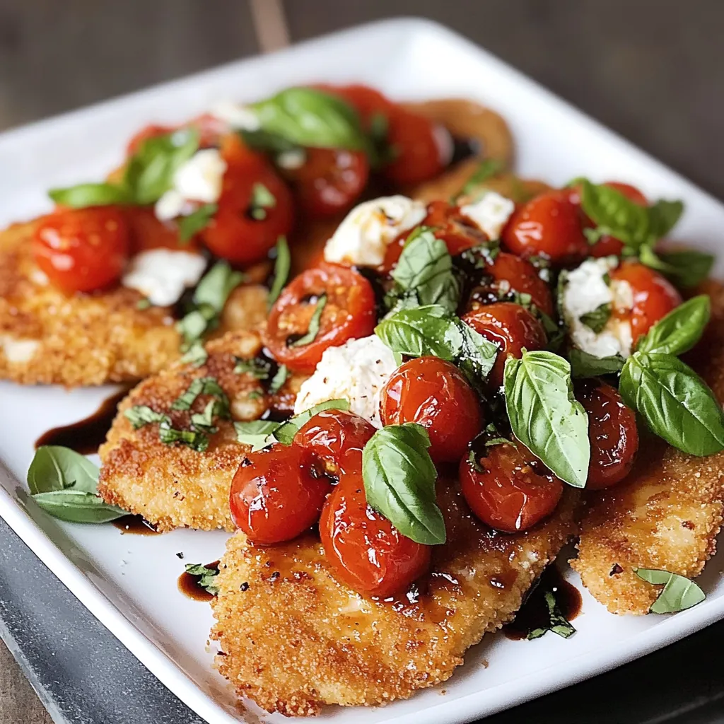 Un plato con milanesas, tomates, albahaca y queso.