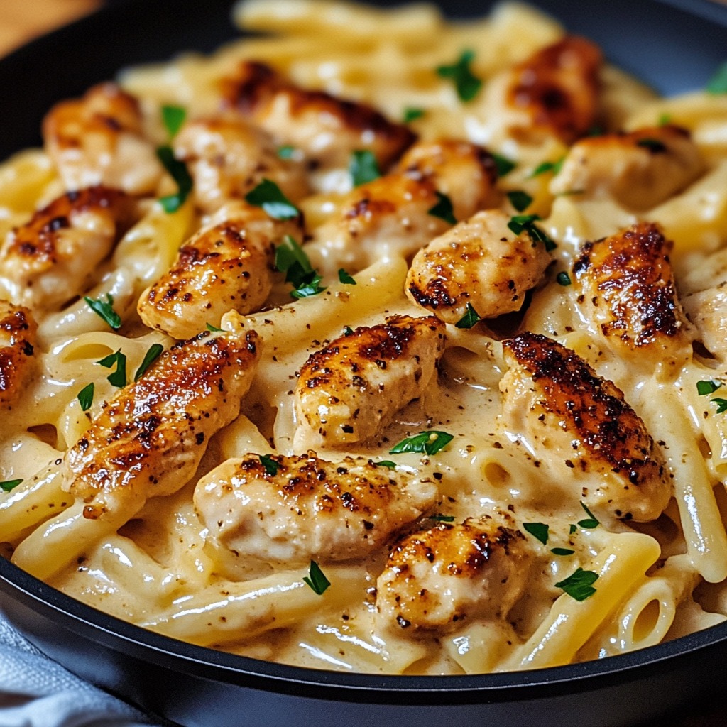 Un plato de pollo con pasta.