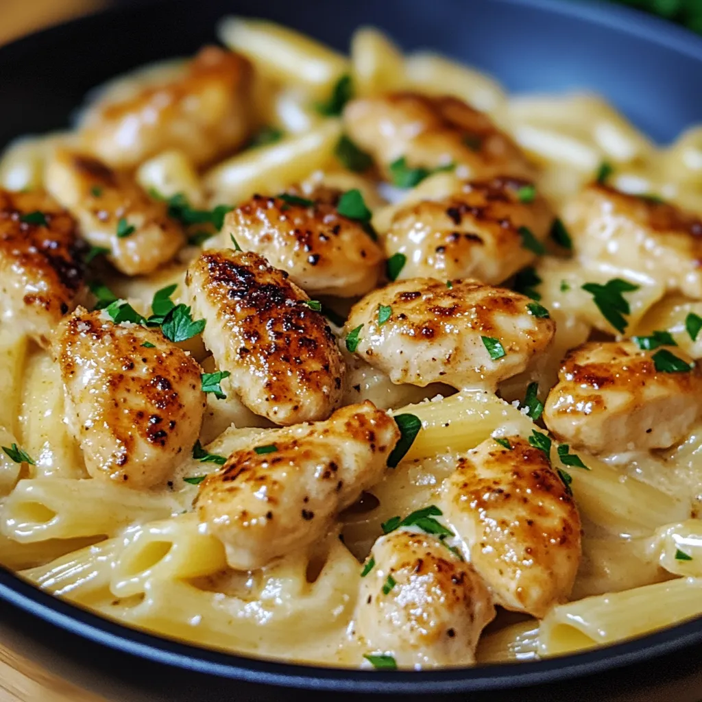 Un plato de pollo con pasta.