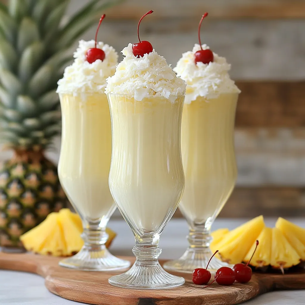 Tres vasos de batido de piña colada con cerezas encima.