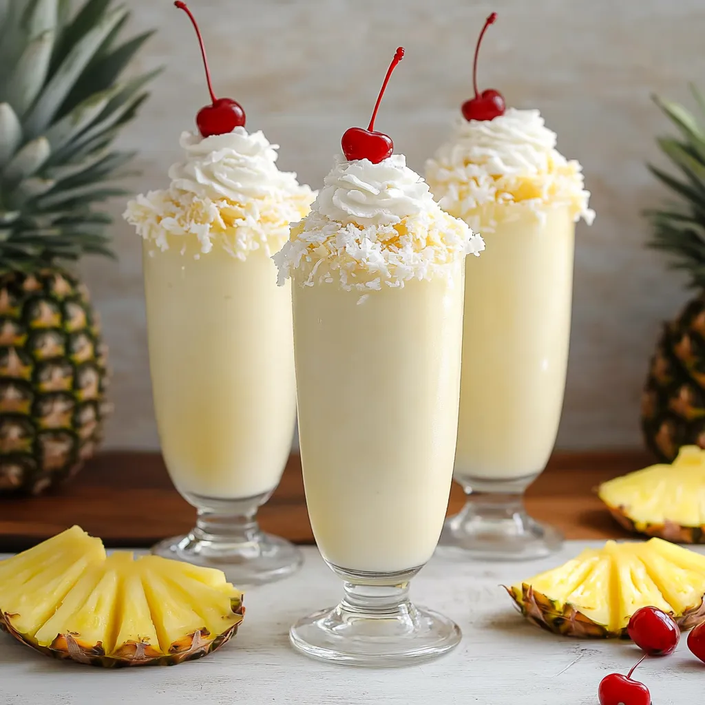 Tres vasos de batido de piña colada con cerezas encima.