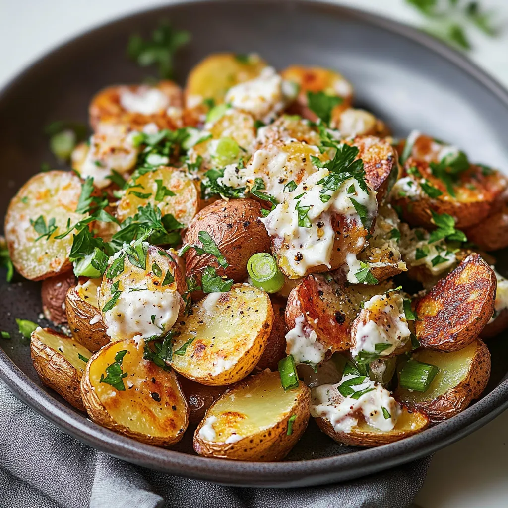 Un plato de comida con patatas y hierbas.