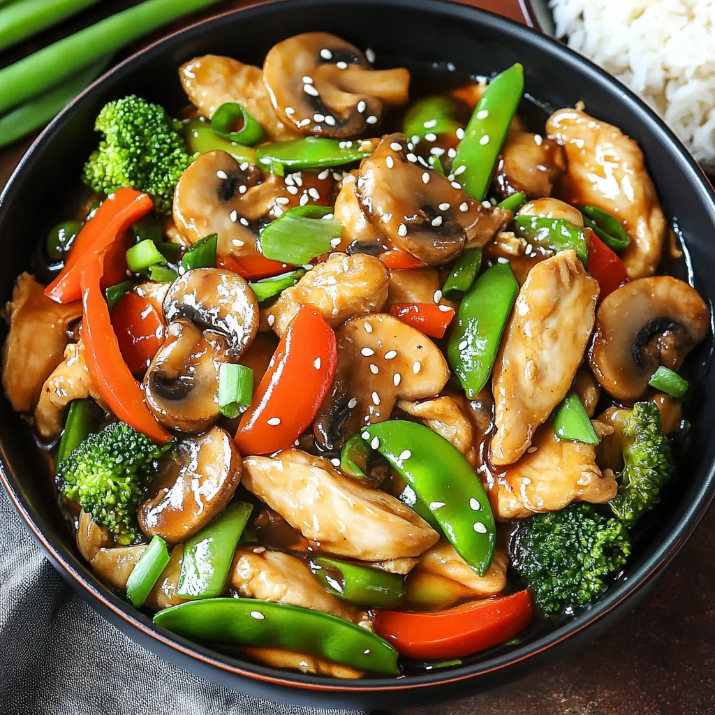 Un plato de comida china con champiñones, pimientos y brócoli.