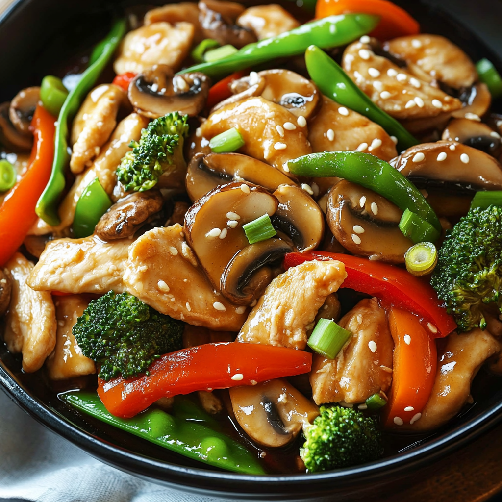 Un plato de pollo con brócoli, pimientos y champiñones.