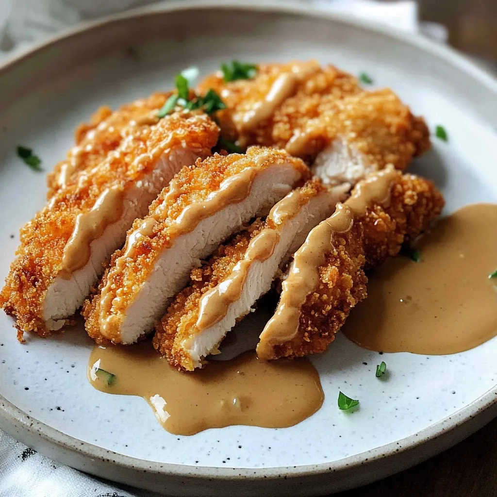 Un plato de pollo empanado con salsa.