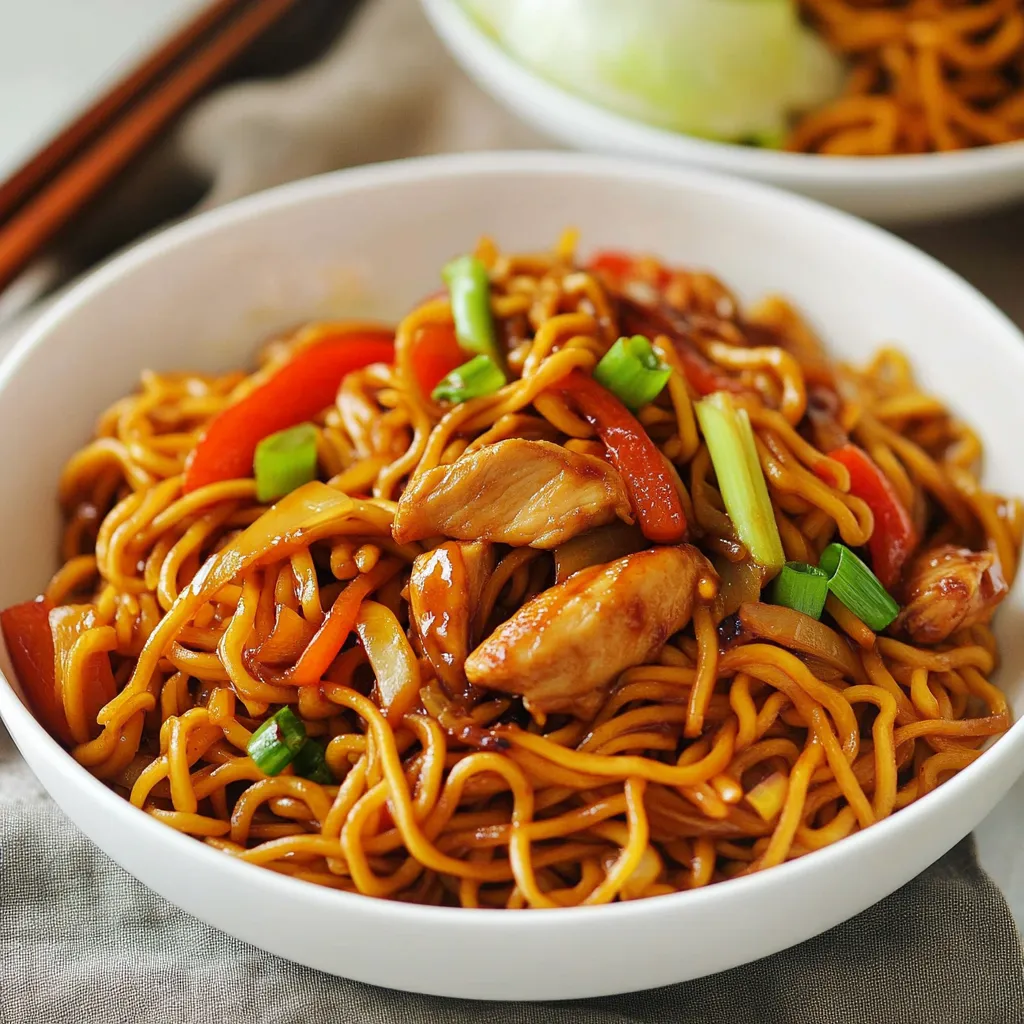 Un plato de noodles con pollo y verduras.