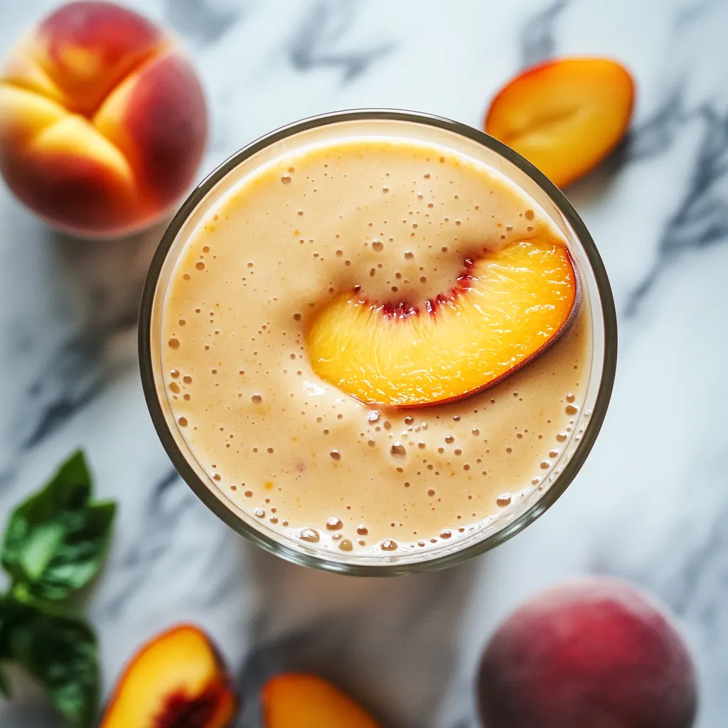 Un vaso de batido de melocotón con una rodaja de melocotón