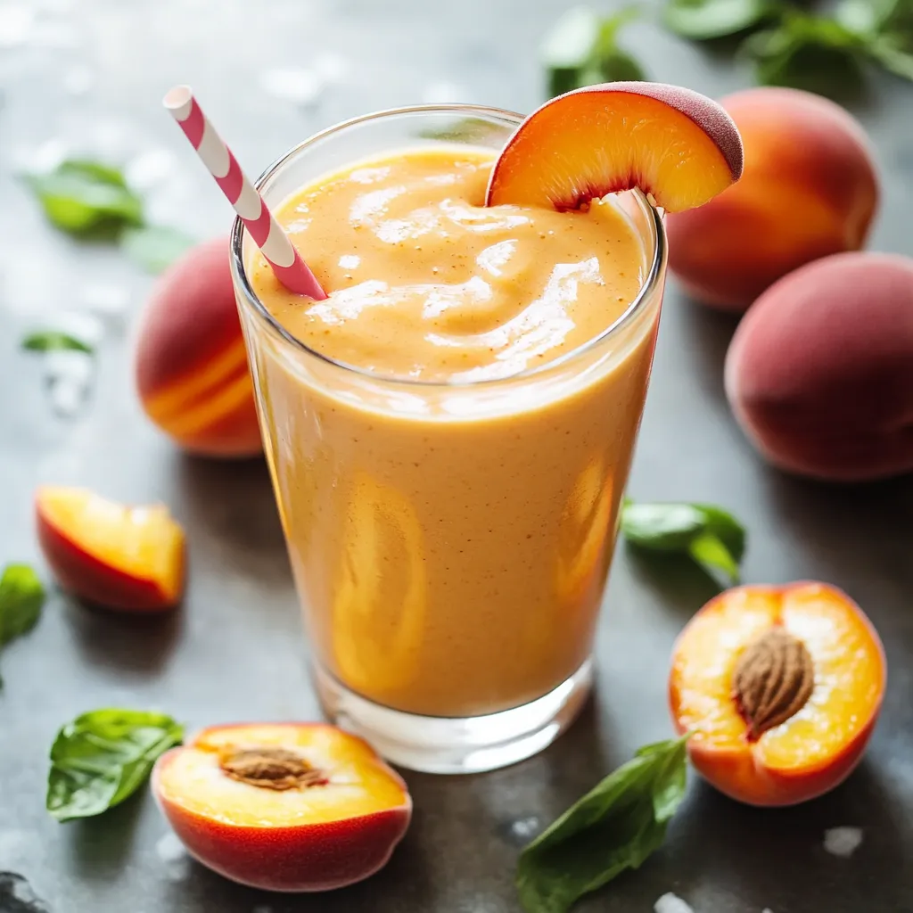 Un vaso de batido de melocotón con una rodaja de melocotón