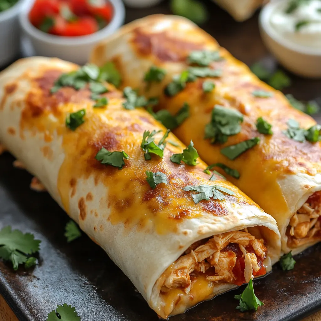 Dos burritos de pollo sobre una tabla de cortar negra.