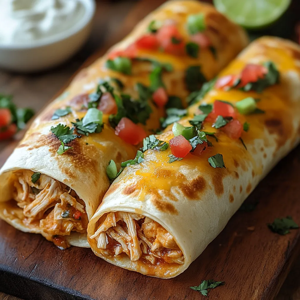 Dos burritos de pollo sobre una mesa de madera.