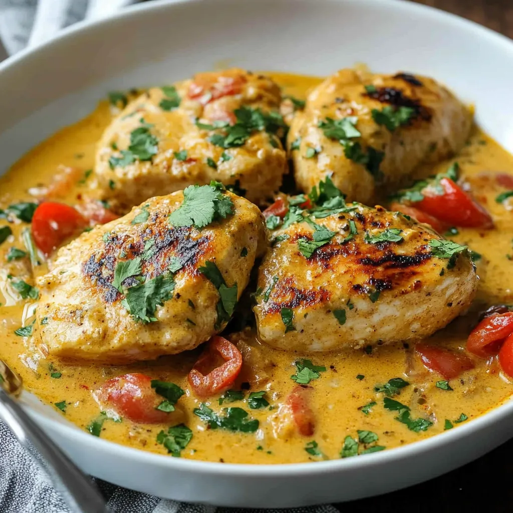 Un plato de pollo con tomates y hierbas.