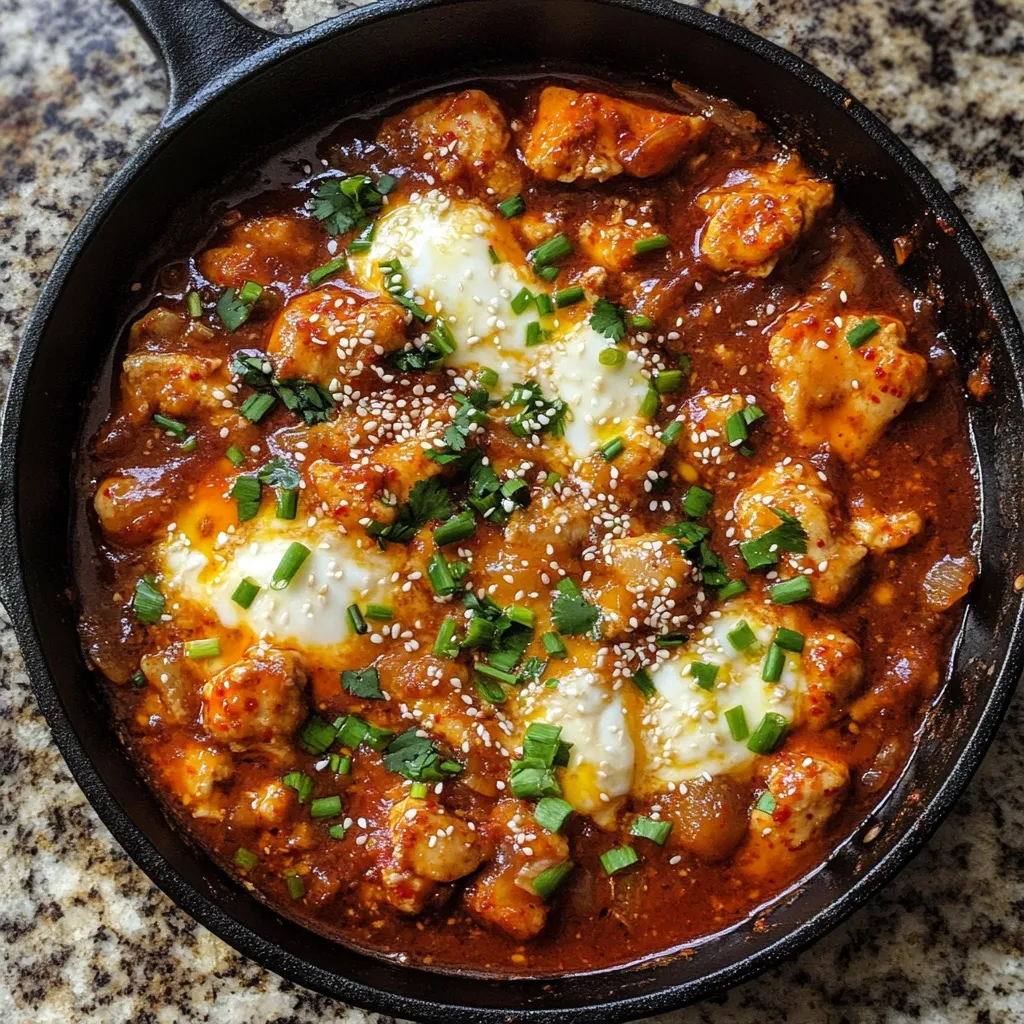 Un sartén negro con un delicioso plato de pollo y verduras.