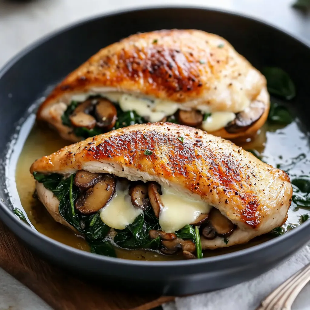 Dos piezas de pollo con champiñones y espinacas.