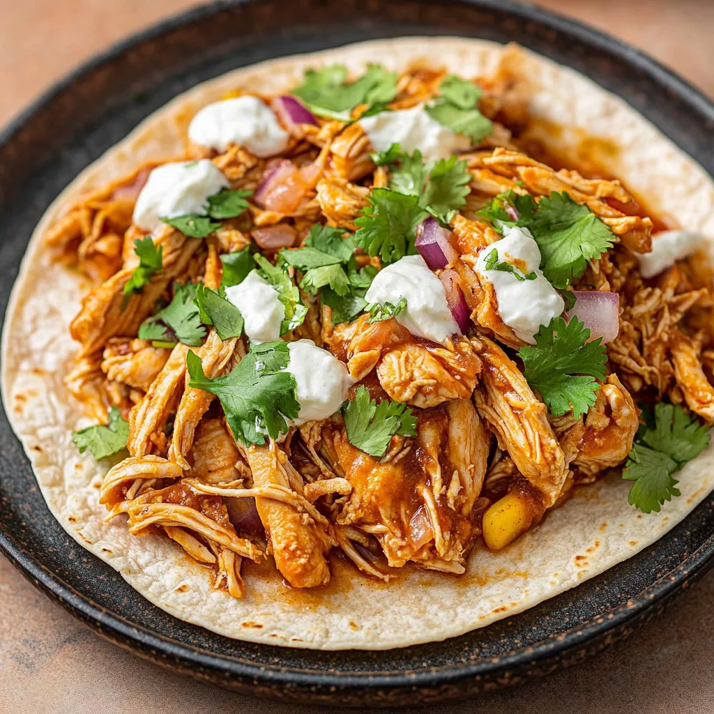 Un plato con tortillas y pollo deshebrado.