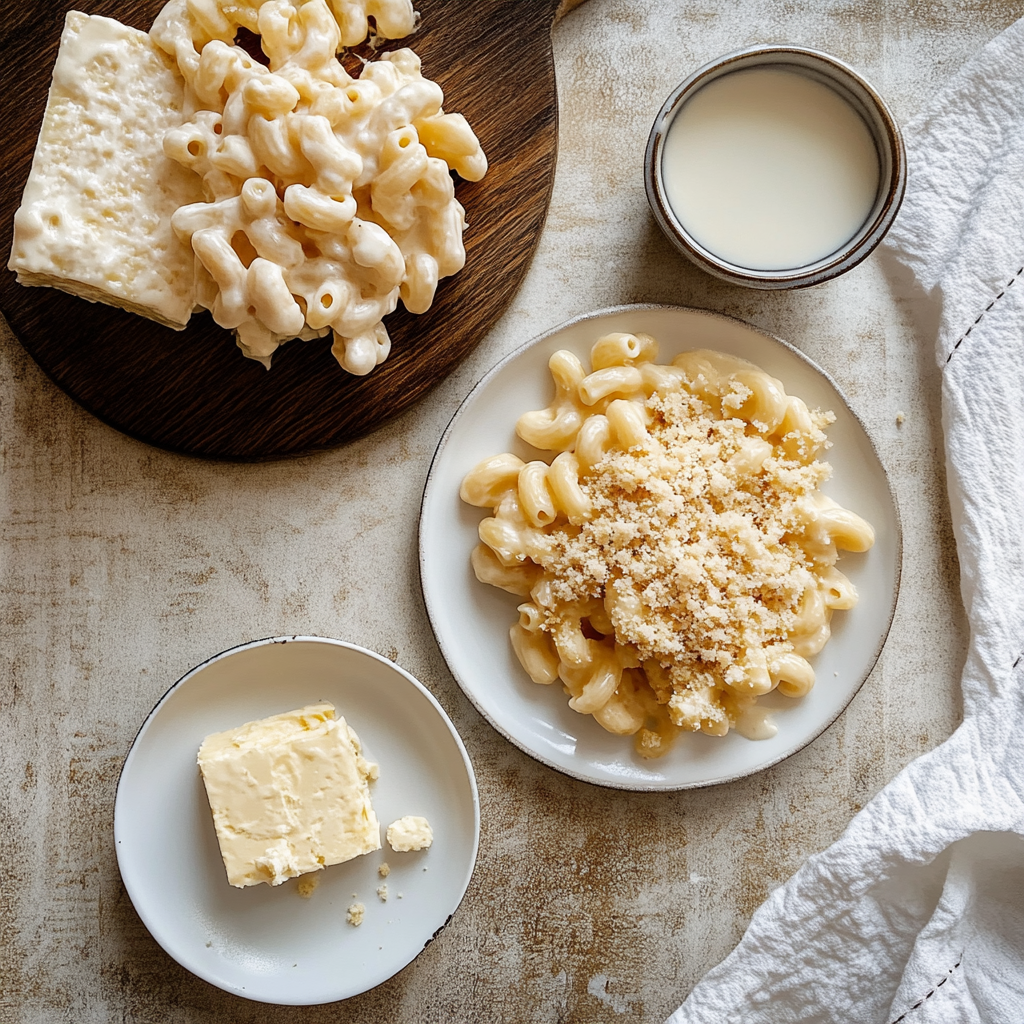 Un plato de macarrones con queso con una porción de mantequilla al lado