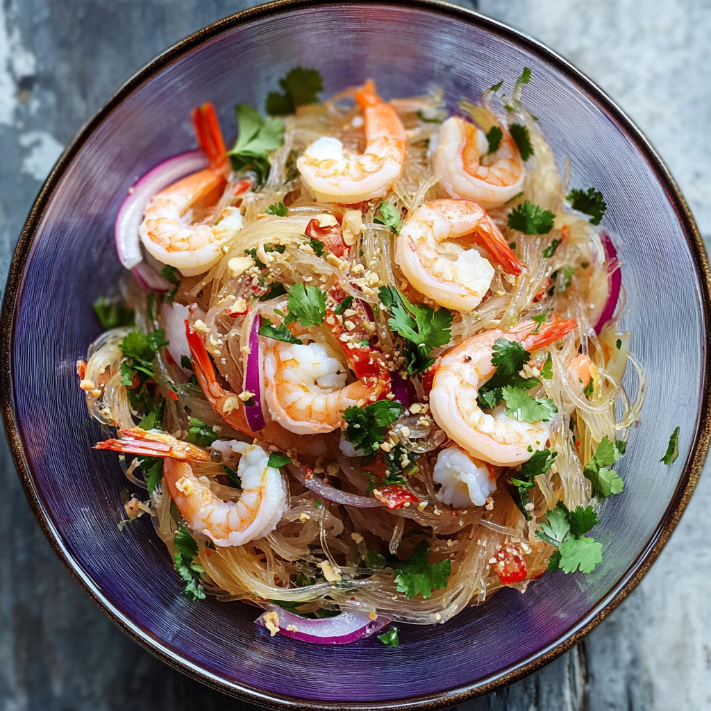 Un plato de fideos con camarones.