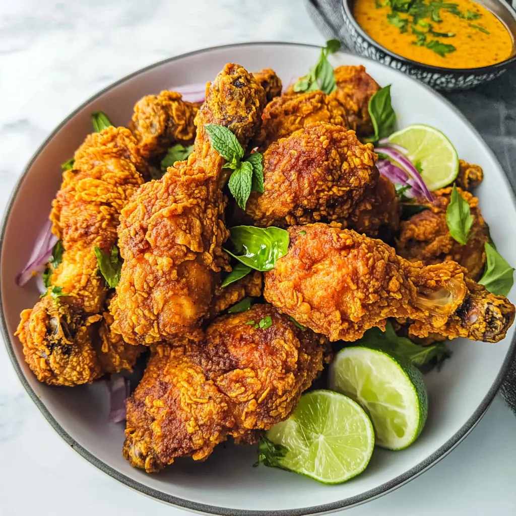 Un plato de pollo frito con gajos de limón verde