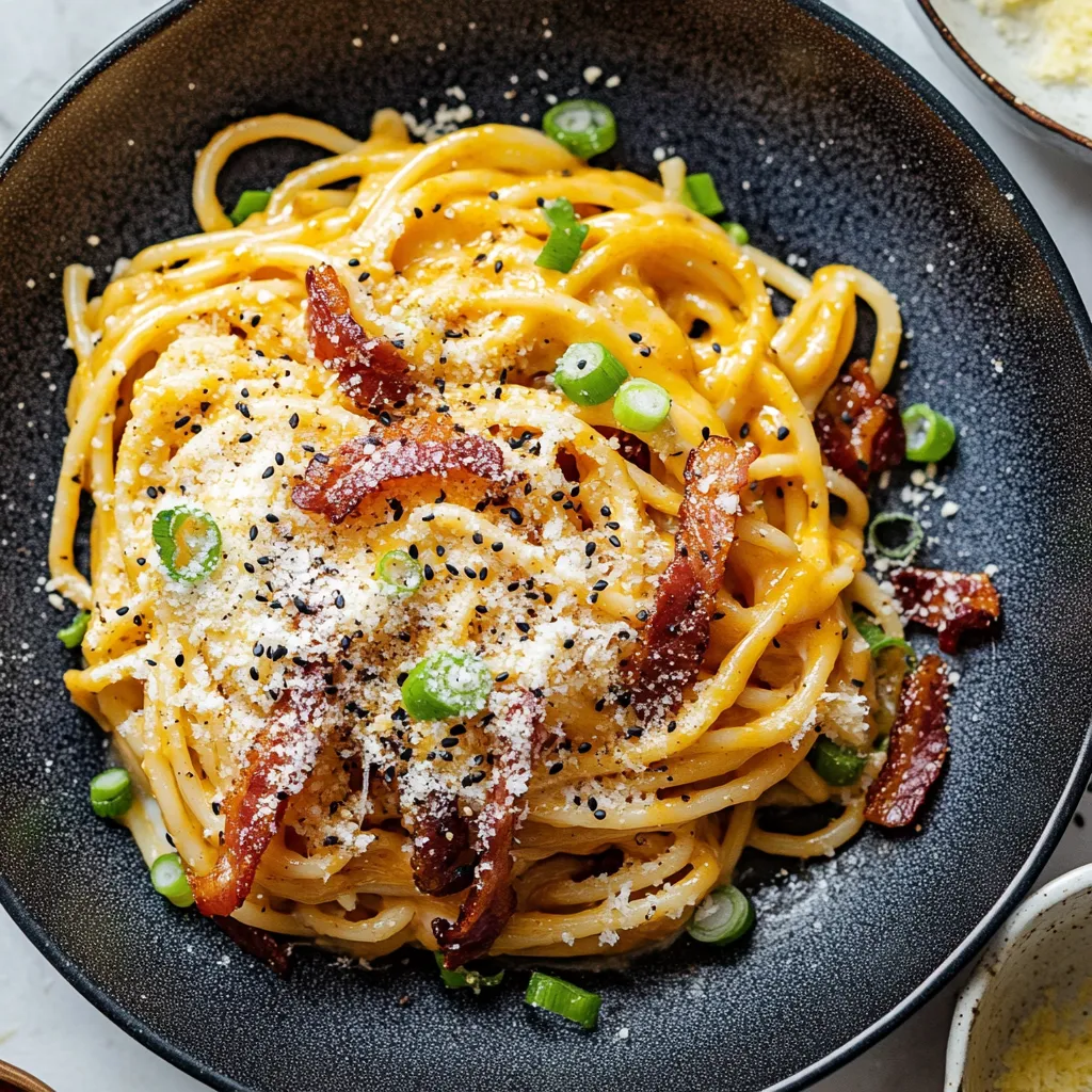 Un plato de pasta con panceta y pimientos.