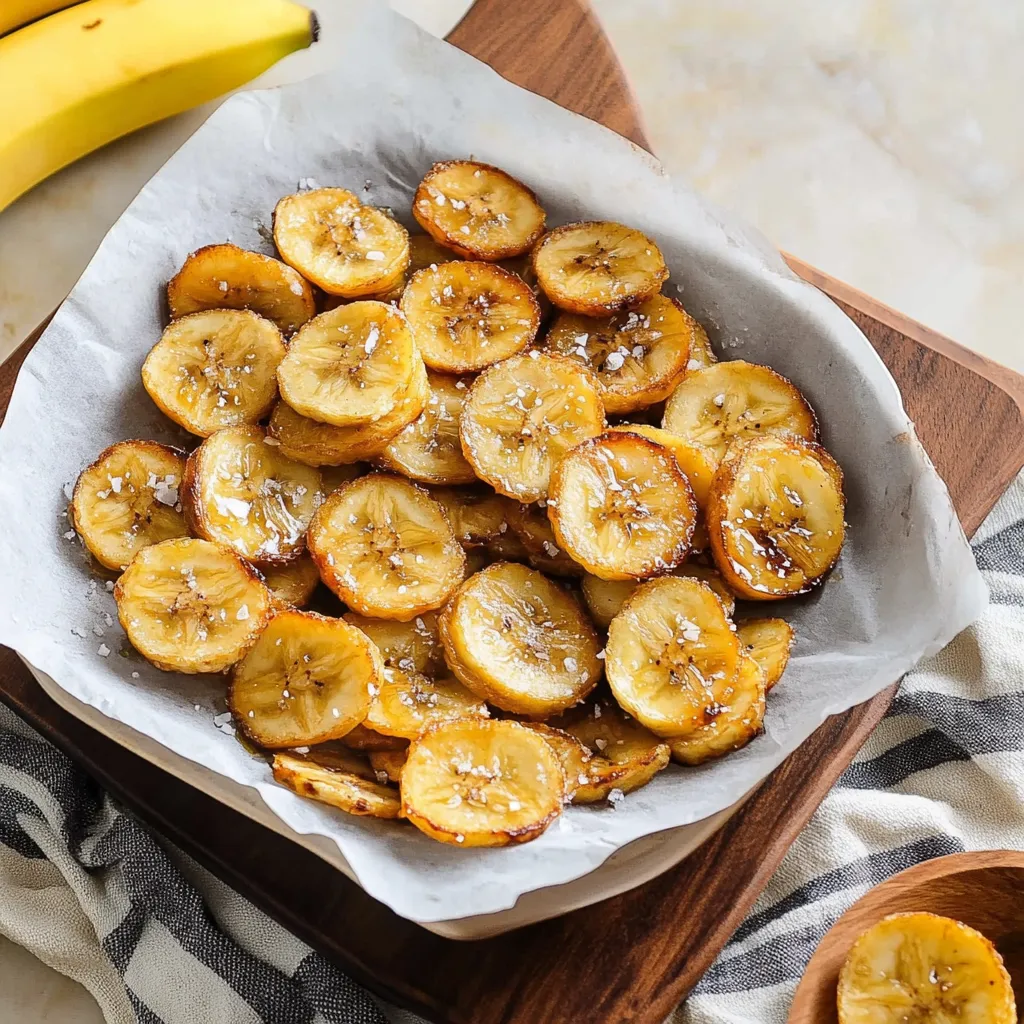 Un plato de chips de plátano con una tabla de cortar de madera.