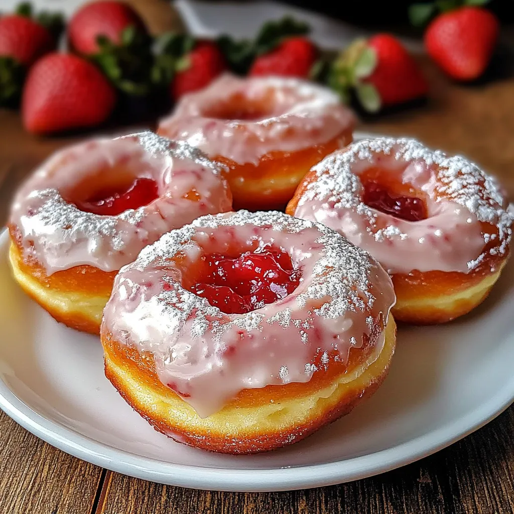 Tres donas con azúcar glass y fresas encima.