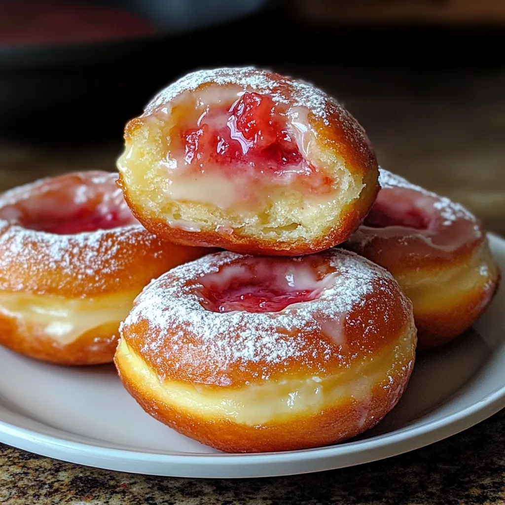 Tres donas con mermelada y azúcar glass.