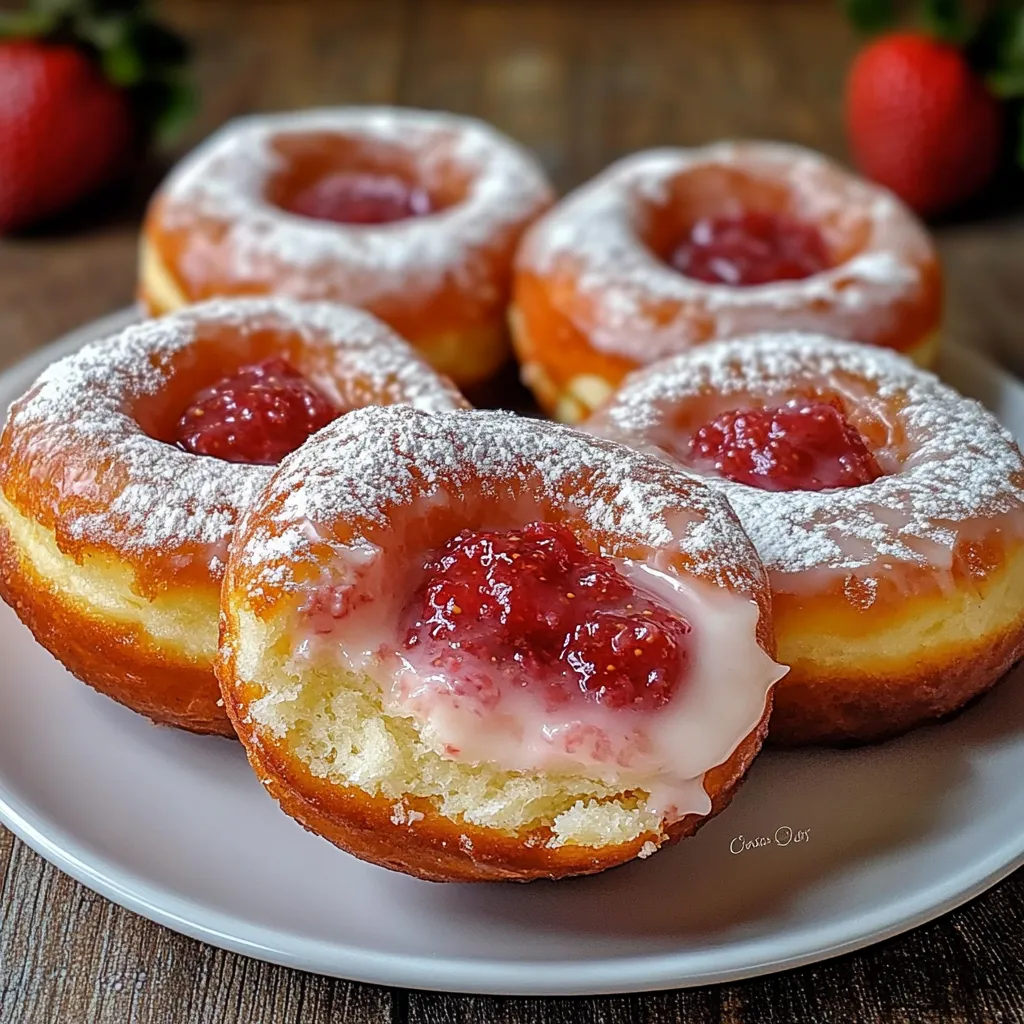 Un plato de donas con mermelada de fresa.