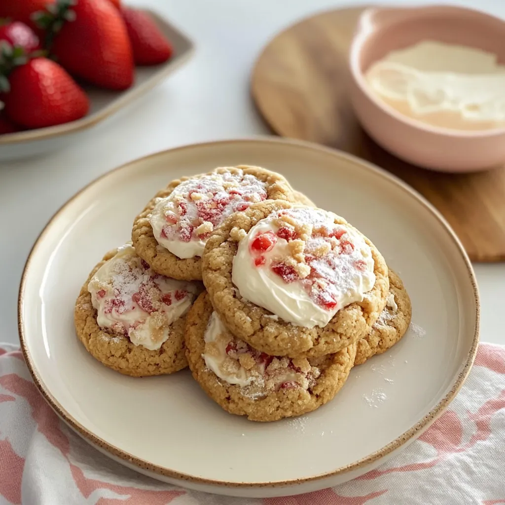 Un plato con galletas cubiertas de crema blanca y decoradas con fresas rojas.