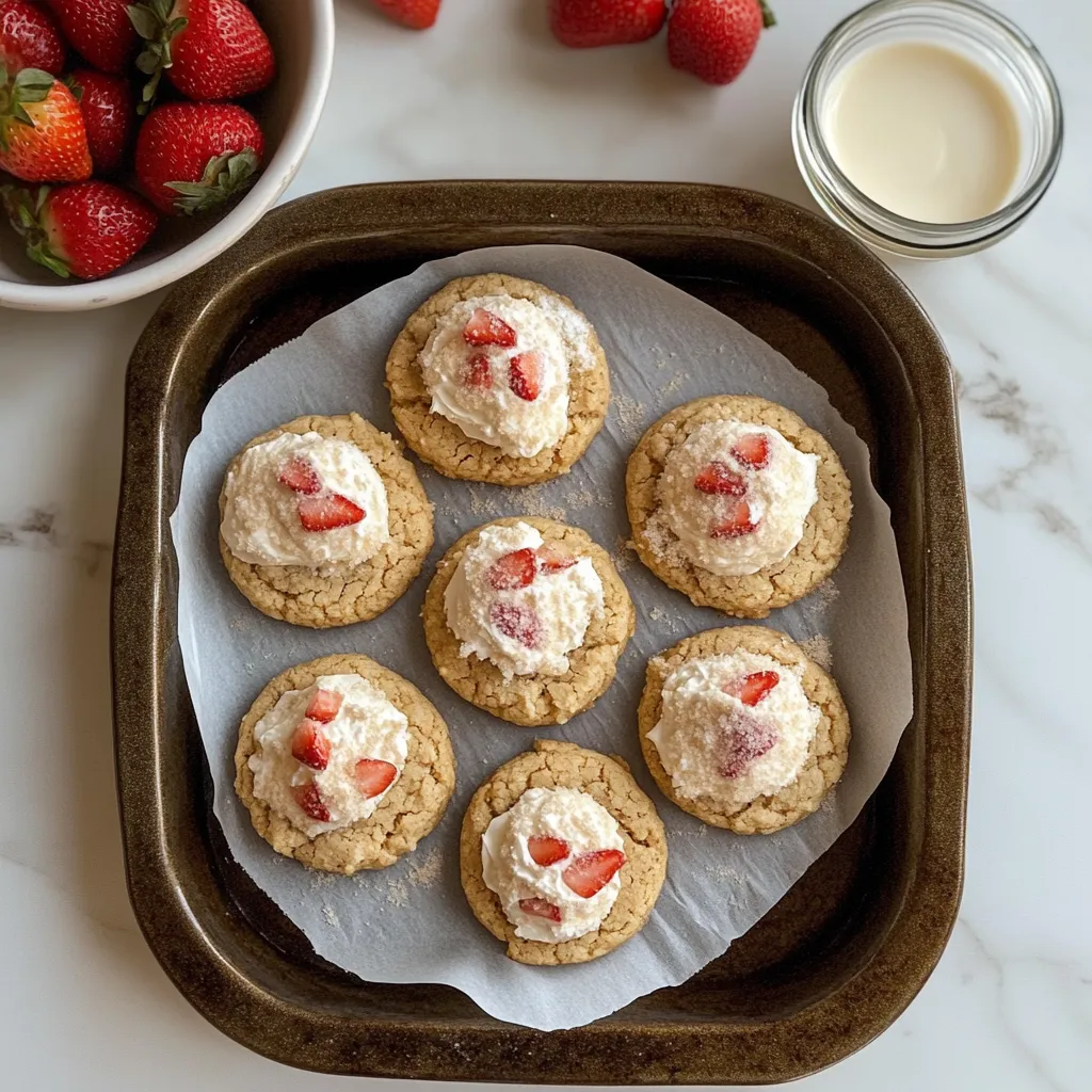 Bandeja de galletas decoradas con fresas encima.