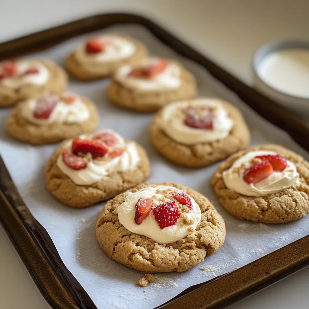 Bandeja de galletas decoradas con fresas encima.