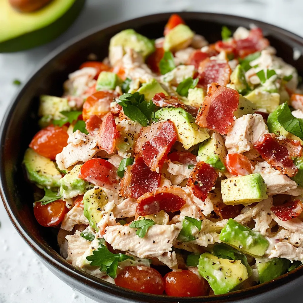 Un tazón con ensalada de pollo, tomates y aguacate.