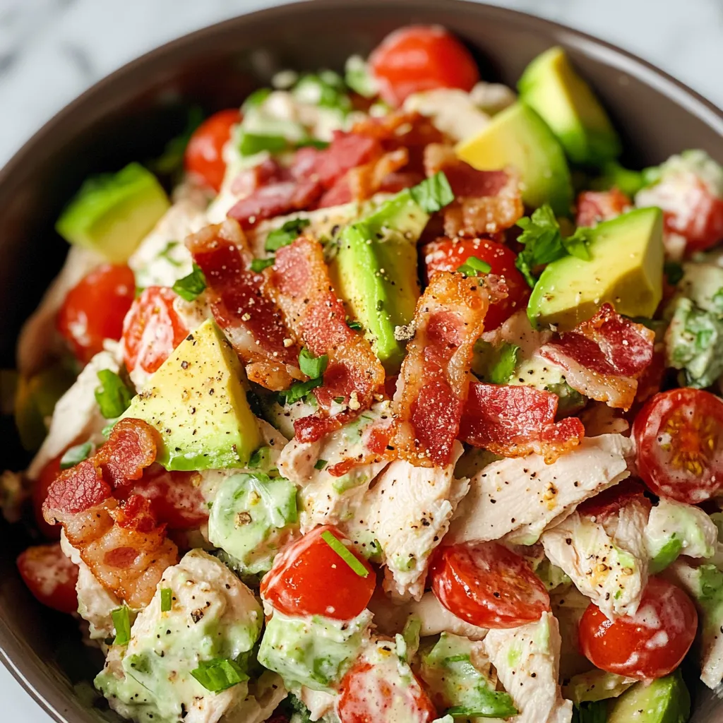 Un tazón con ensalada de tocino, tomates y aguacate.