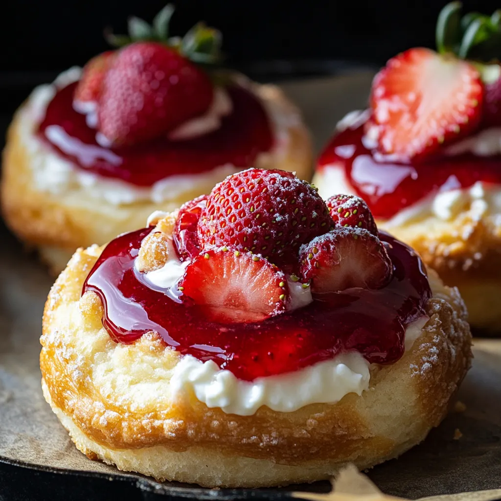 Dos panecillos de fresa con crema y fresas encima.