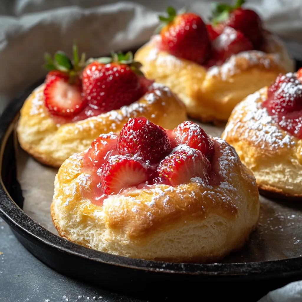 Un plato de panecillos rellenos de fresa y crema.