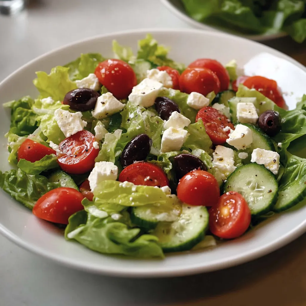 Un bol blanco de ensalada con tomates, pepinos y queso feta.