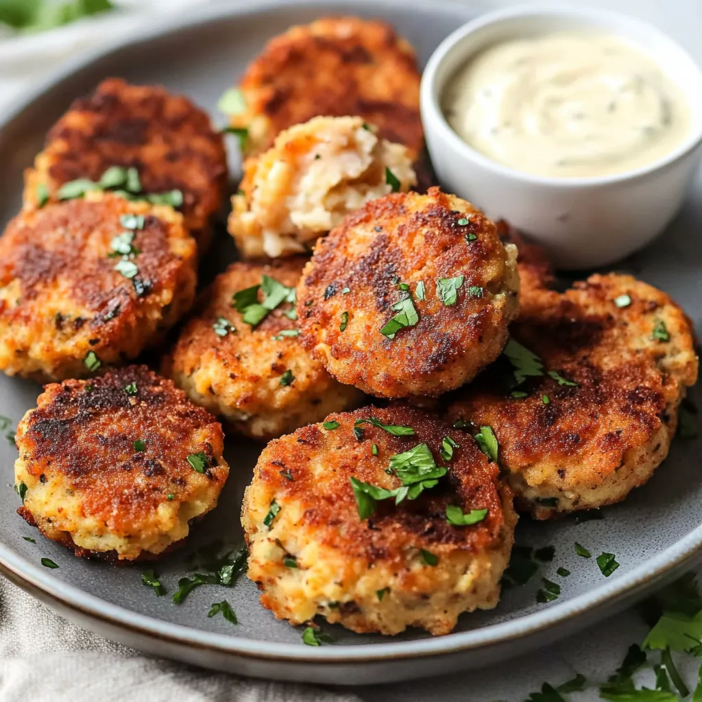 Un plato de croquetas doradas con salsa para mojar.