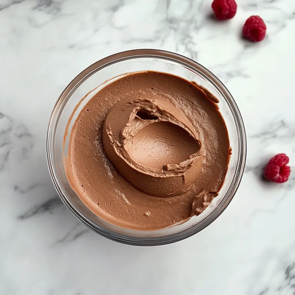 Un vaso de salsa de chocolate con una frambuesa encima.