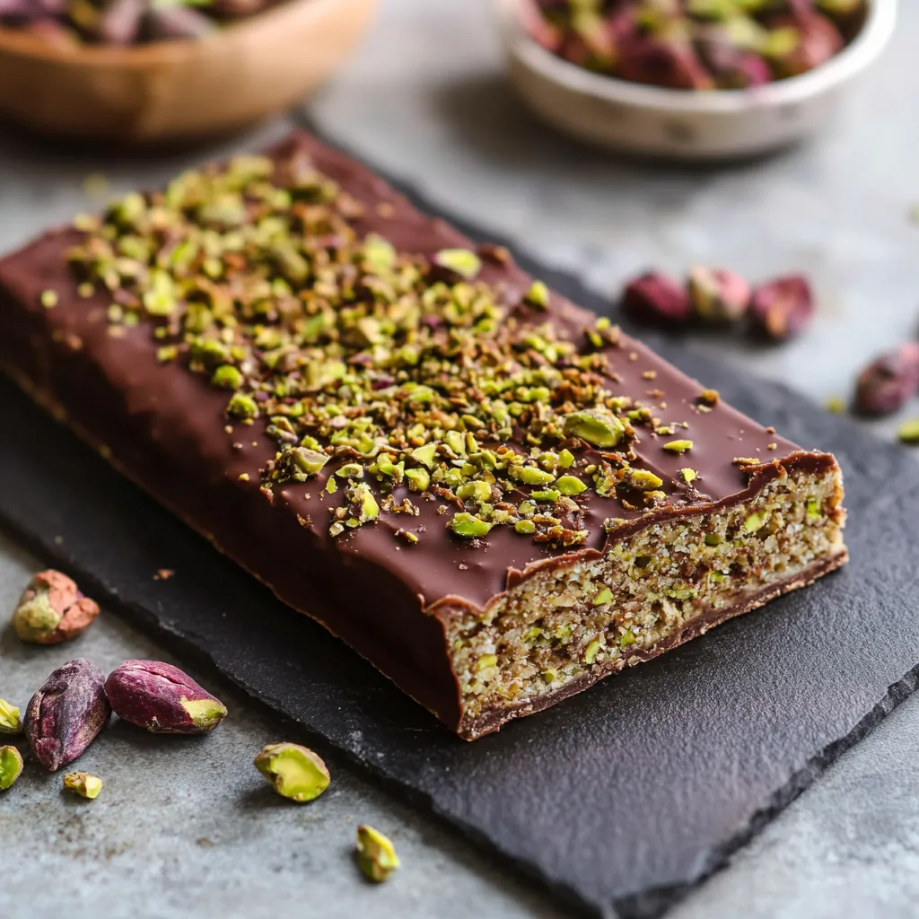 Una barra de chocolate con almendras sobre un plato negro.