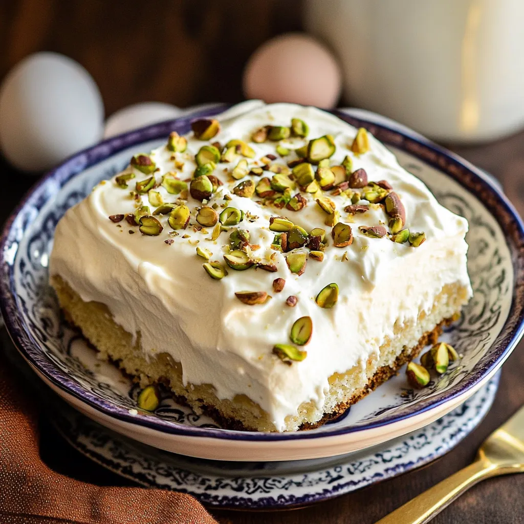 Una porción de pastel con crema blanca y pistachos encima.