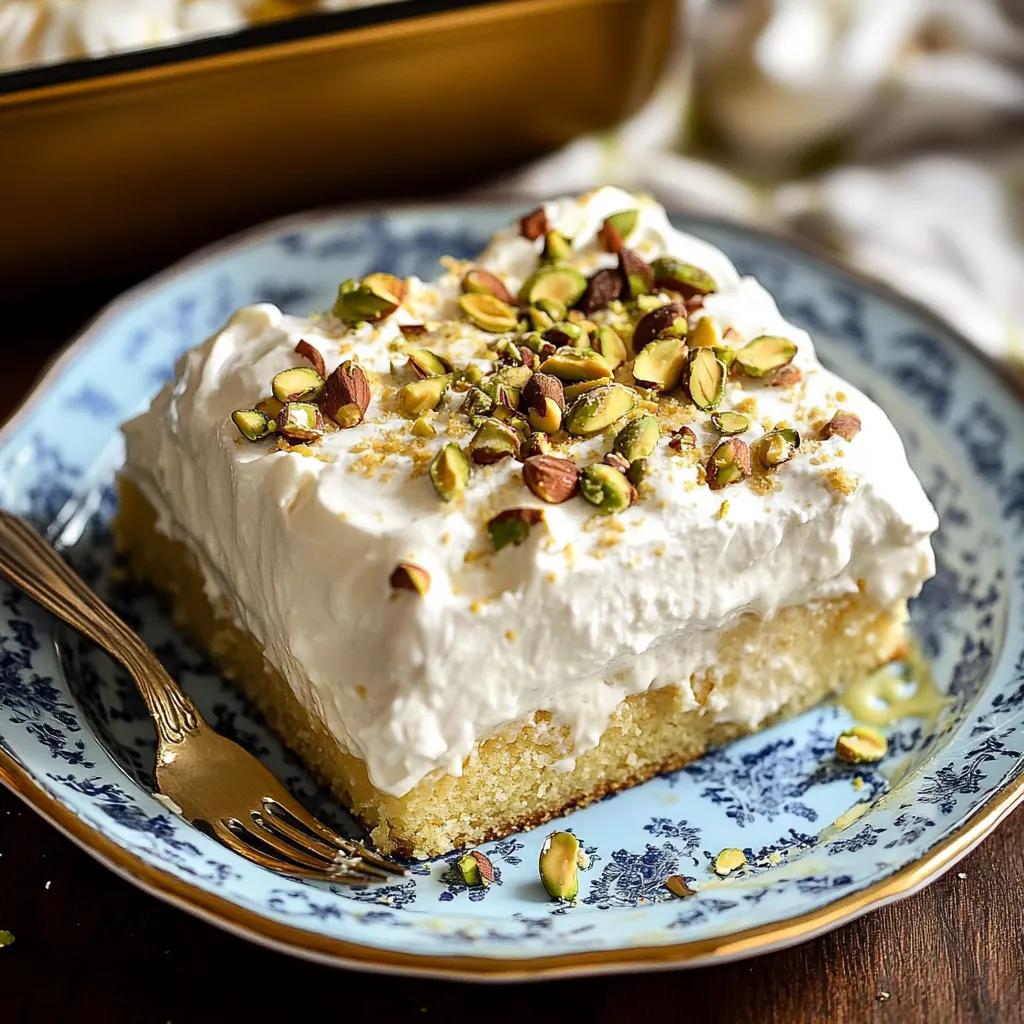 Una porción de pastel con cobertura blanca y frutos secos en un plato azul y blanco.