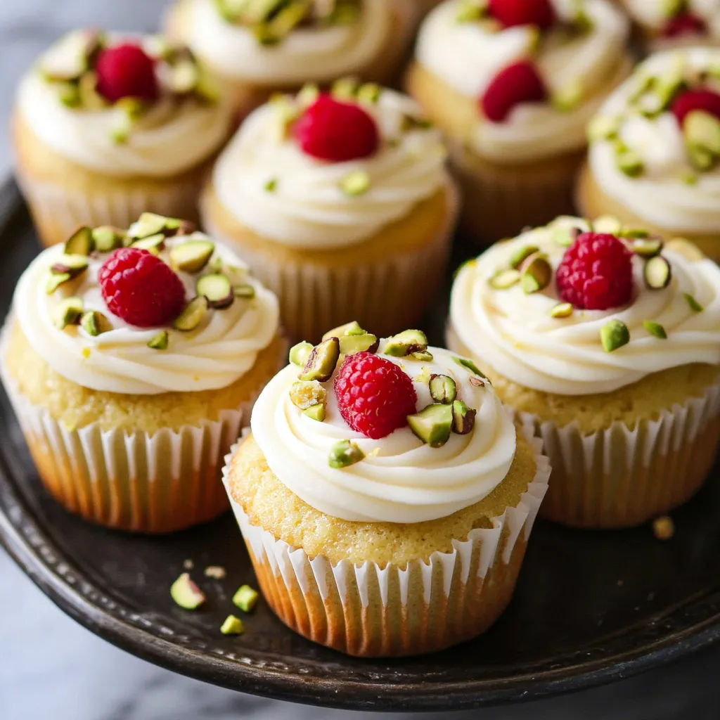 Un plato de cupcakes con frambuesas encima.
