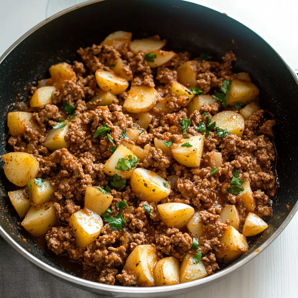 Una olla con carne y patatas cocinadas.