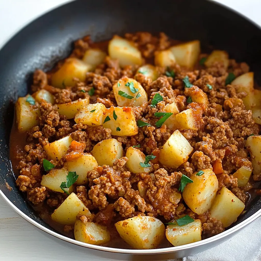 Una sartén con carne y patatas.