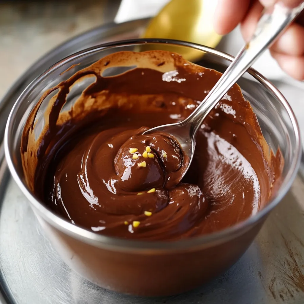 Una cuchara está en un bol de chocolate.