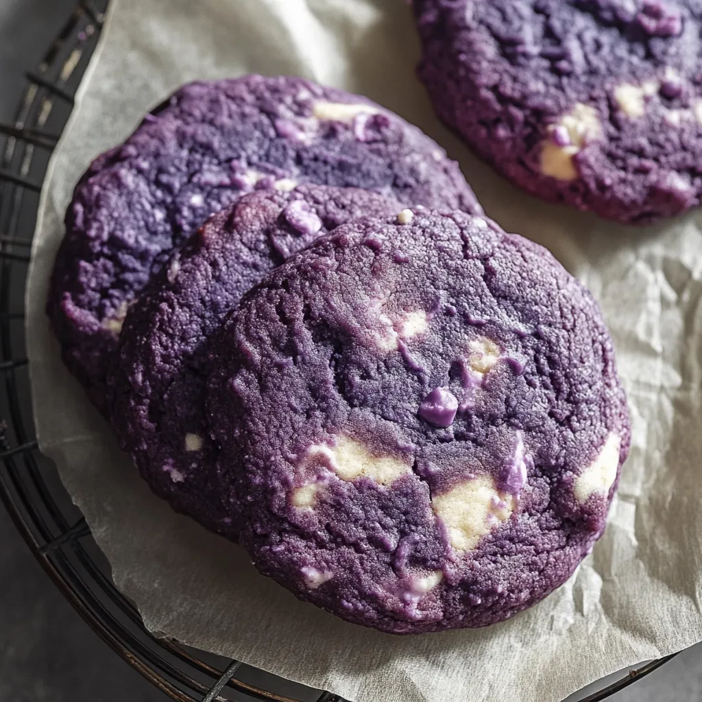 Una galleta morada en un plato.