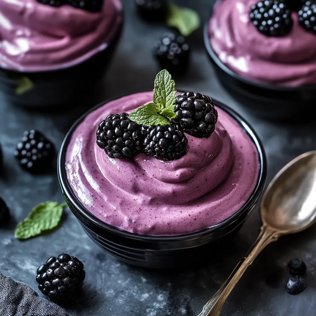 Un tazón de yogurt de mora con una cuchara adentro.