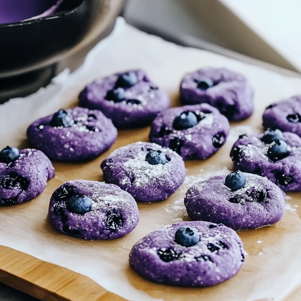 Galletas moradas con arándanos en una bandeja.